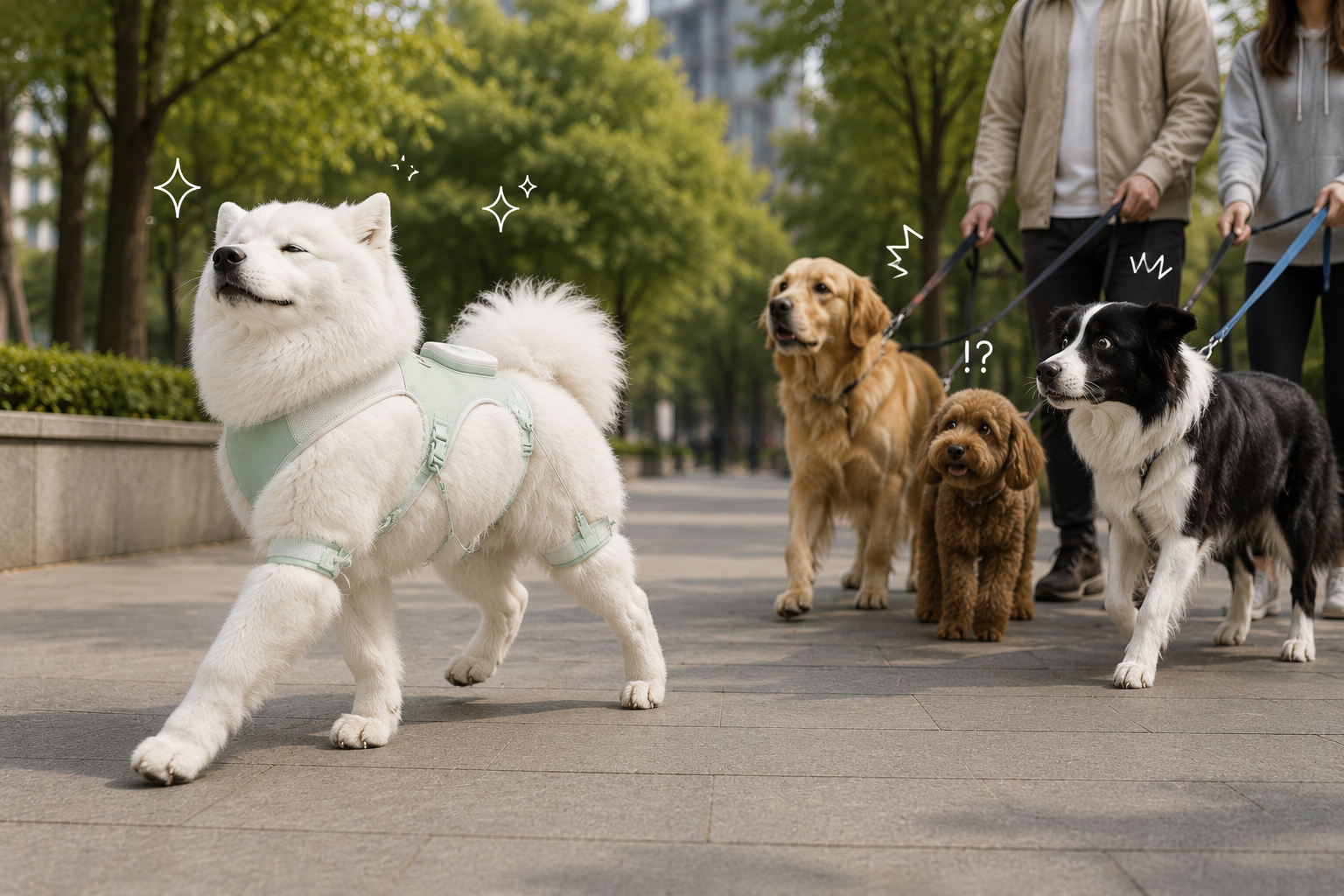 A Samoyed in the mint Leashless harness strutting ahead while leashed dogs look on